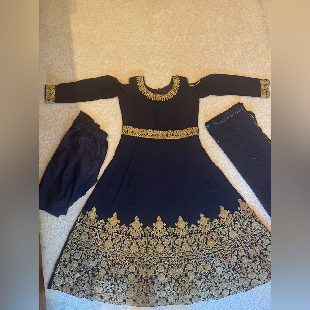 Navy Blue & Gold Cold Shoulder Anarkali Set